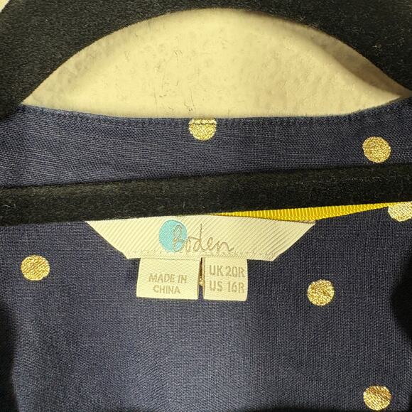Boden 16R Evangeline Linen Tunic Shift Dress Navy Gold Polka Dot Pompom Trim - Picture 7 of 8
